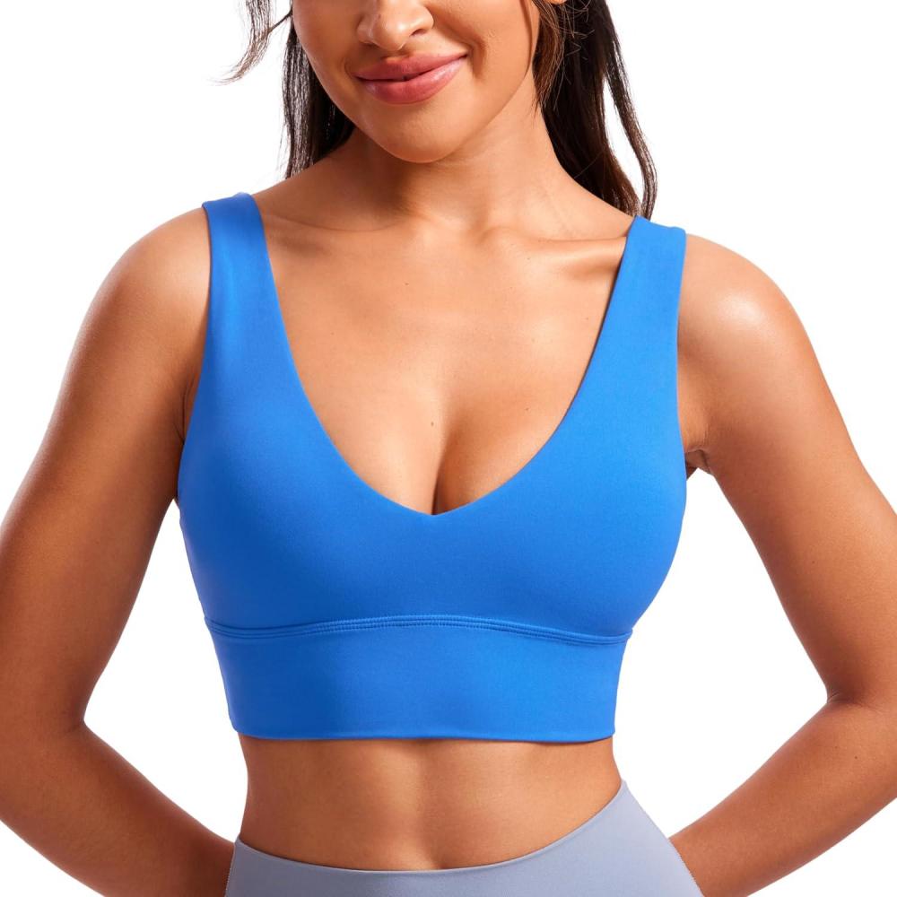 imageCRZ YOGA Butterluxe Womens VNeck Longline Sports Bra Wireless UShaped Open Back Yoga Low Impact Padded Crop TopSparkle Blue