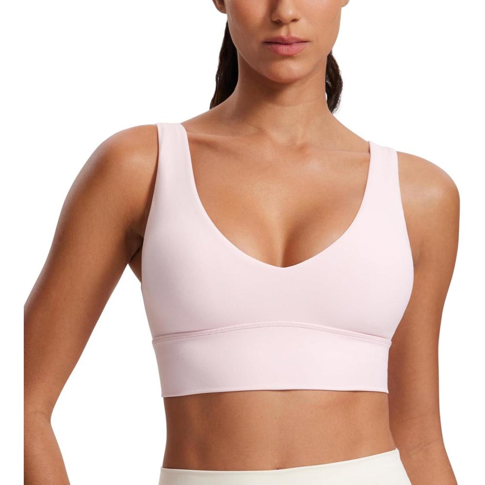 imageCRZ YOGA Butterluxe Womens VNeck Longline Sports Bra  Wireless UShaped Open Back Yoga Low Impact Padded Crop TopStrawberry Pink