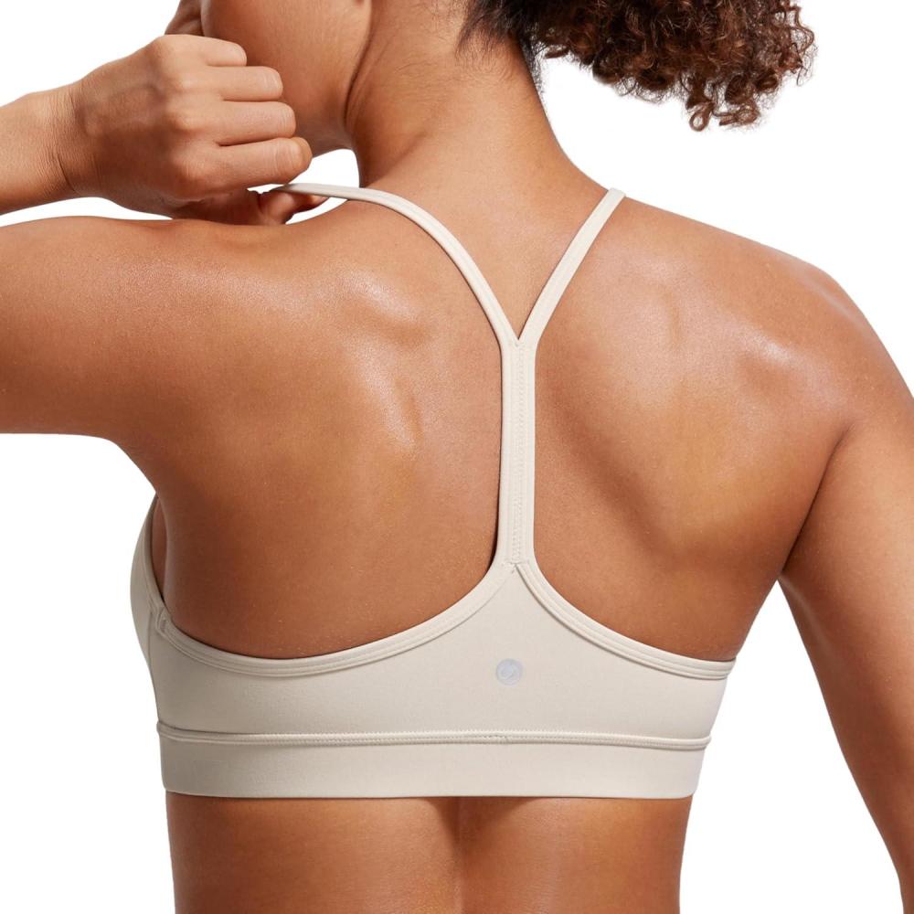 imageCRZ YOGA Butterluxe Y Back Sports Bras for Women Padded Racerback Low Impact Spaghetti Thin Strap Workout Yoga TopMojave Tan