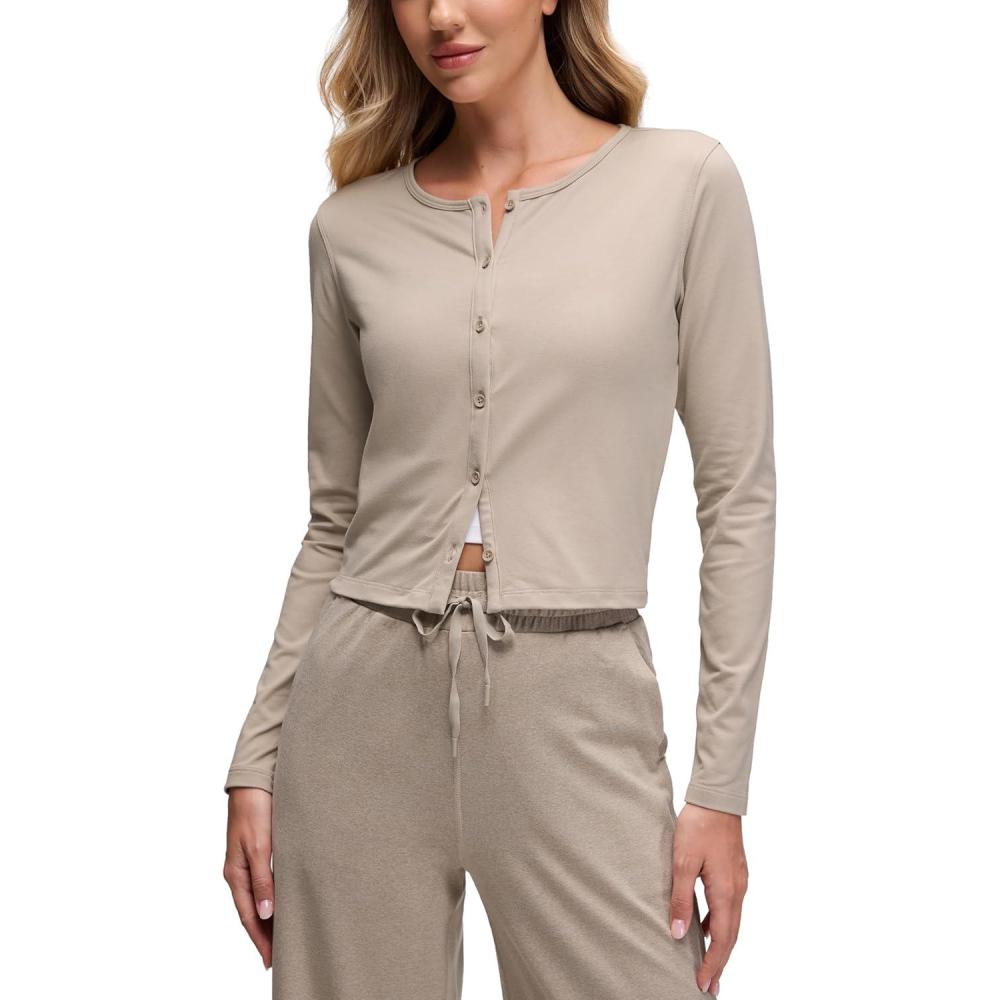 imageCRZ YOGA Cloud Jersey Lightweight Crewneck Cardigan for Women Soft Knit Button Down Shirts Casual Long Sleeve Fall TopsMojave Tan