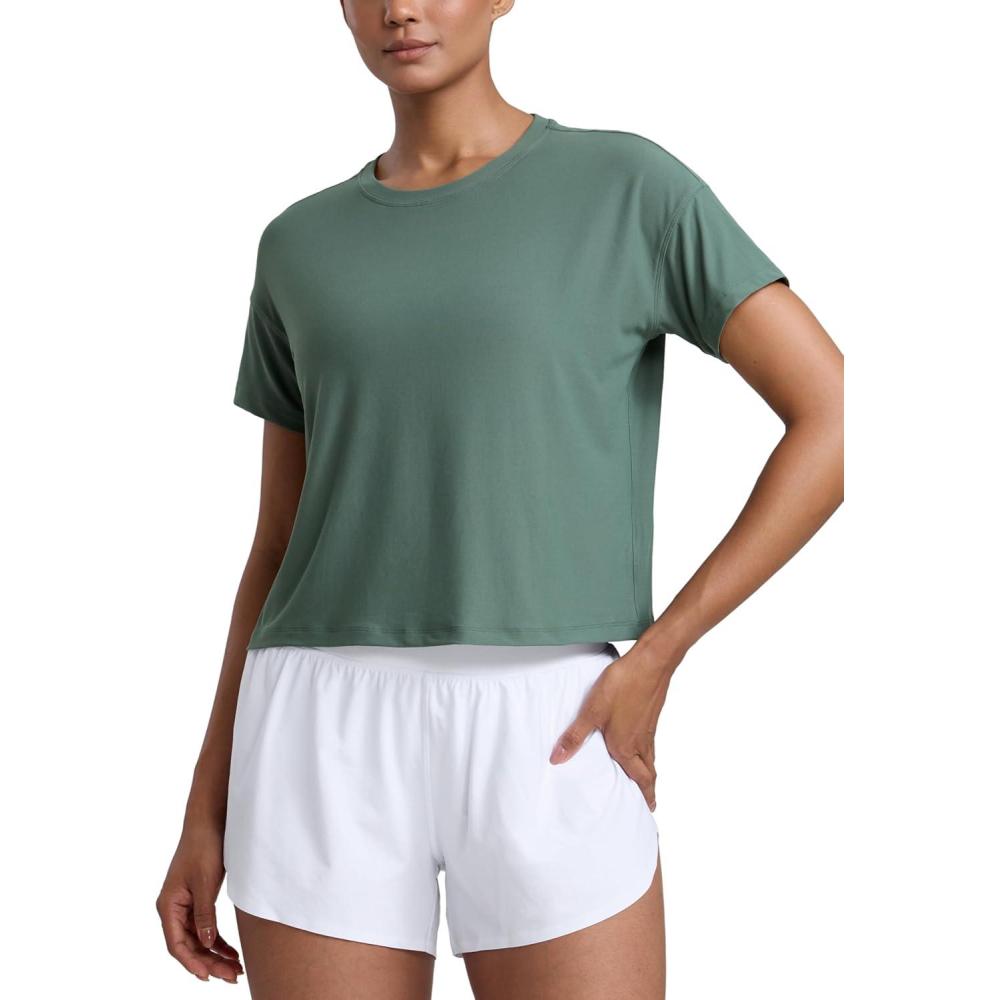 imageCRZ YOGA Cloudweight High Neck Workout Tops for Women Basic Athletic Lightweight Short Sleeve Shirts Loose Running TShirtGraphite Green