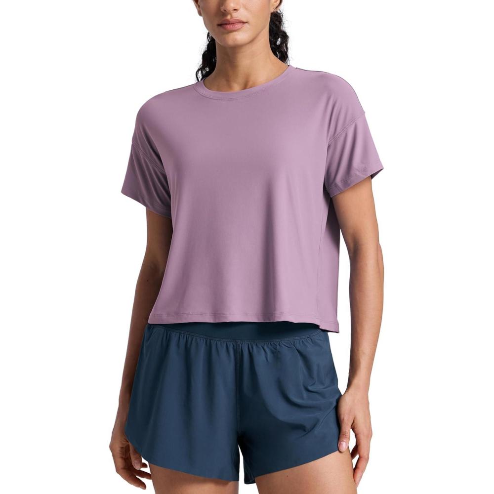 imageCRZ YOGA Cloudweight High Neck Workout Tops for Women Basic Athletic Lightweight Short Sleeve Shirts Loose Running TShirtLight Lavender