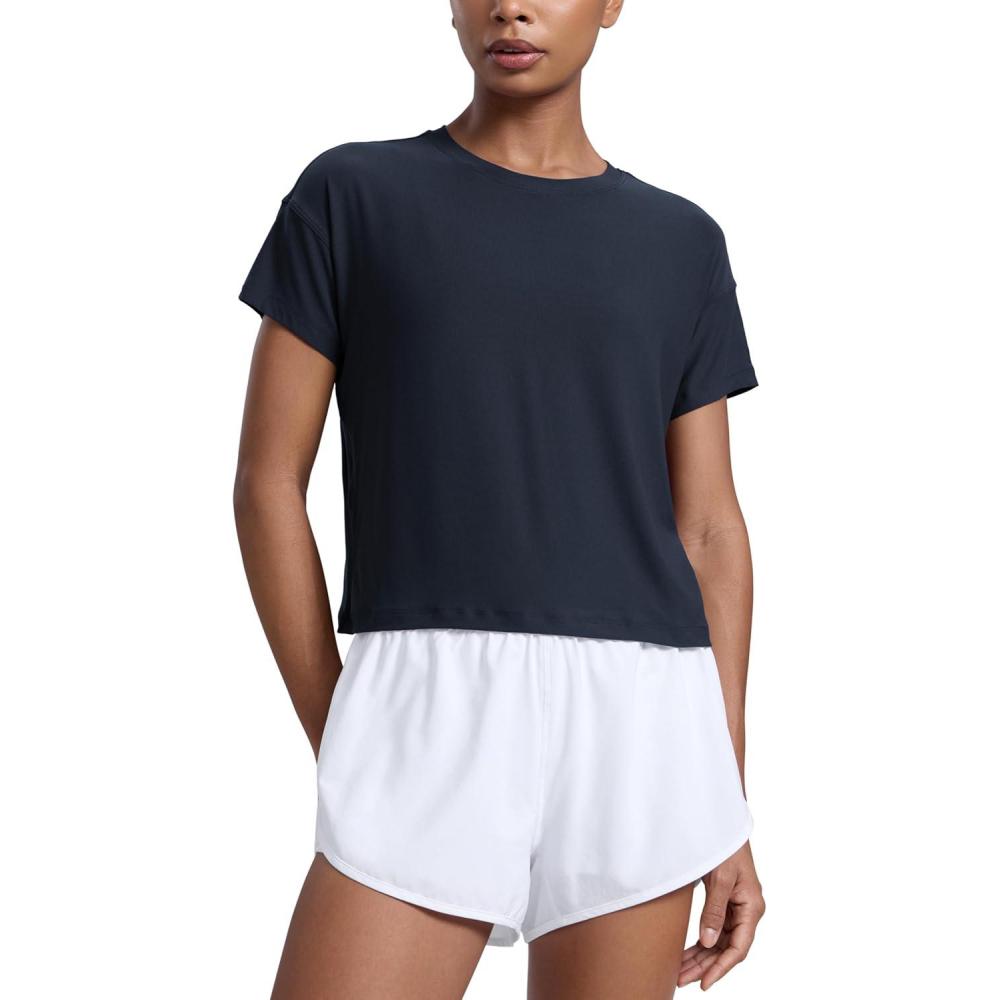 imageCRZ YOGA Cloudweight High Neck Workout Tops for Women Basic Athletic Lightweight Short Sleeve Shirts Loose Running TShirtTrue Navy