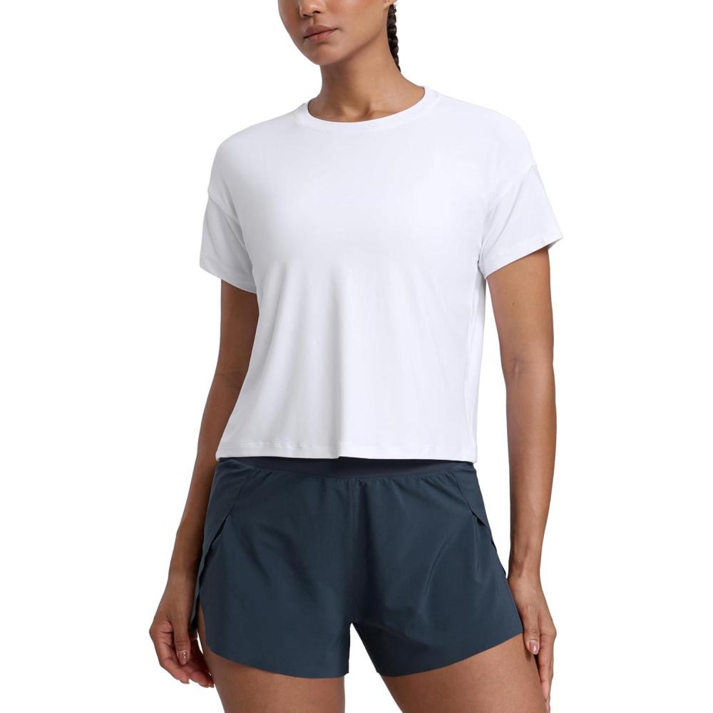 imageCRZ YOGA Cloudweight High Neck Workout Tops for Women Basic Athletic Lightweight Short Sleeve Shirts Loose Running TShirtWhite