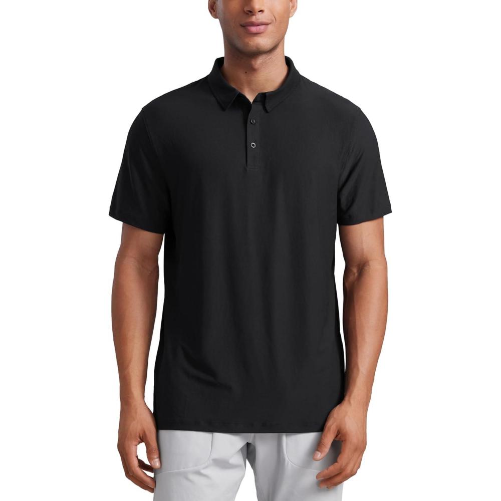 imageCRZ YOGA Cloudweight Mens Short Sleeve Polo Shirts Slim Fit Lightweight Moisture Wicking Athletic Casual Button Golf TShirtsBlack