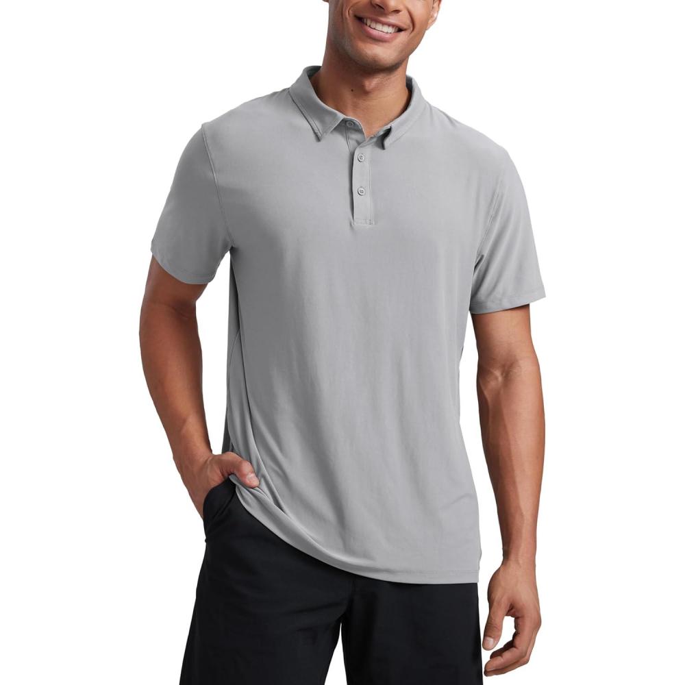 imageCRZ YOGA Cloudweight Mens Short Sleeve Polo Shirts Slim Fit Lightweight Moisture Wicking Athletic Casual Button Golf TShirtsSilver Gray