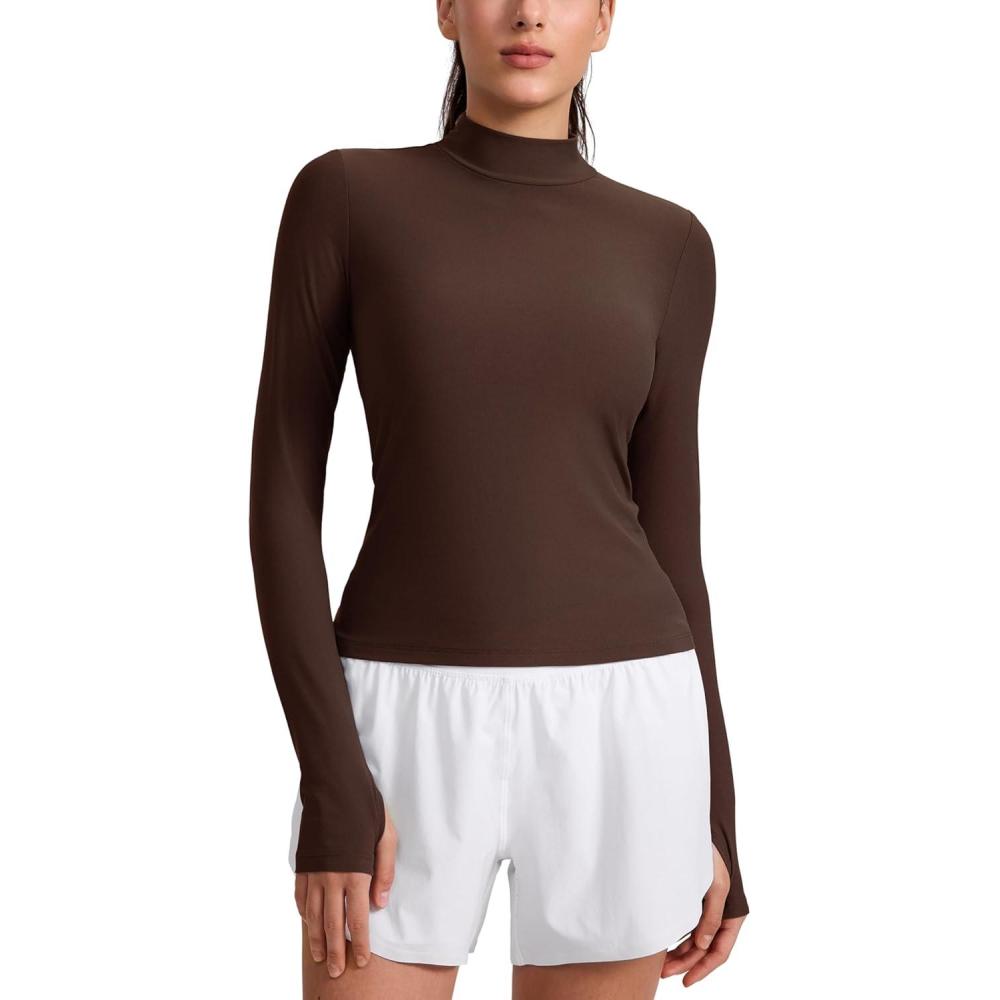 imageCRZ YOGA Cloudweight Mock Neck Shirts for Women Workout Athletic Long Sleeve Tops Lightweight Soft Hip TShirtCoffee Brown