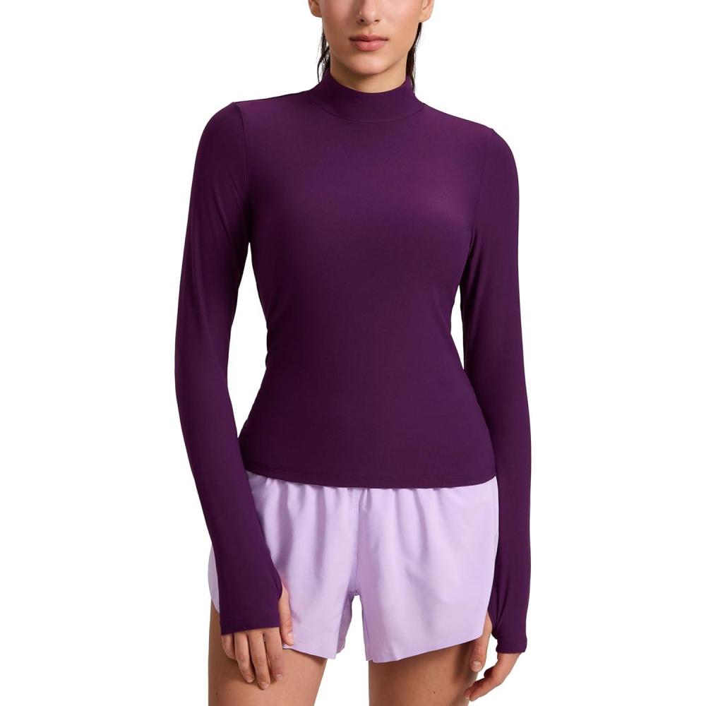 imageCRZ YOGA Cloudweight Mock Neck Shirts for Women Workout Athletic Long Sleeve Tops Lightweight Soft Hip TShirtPlum Magenta