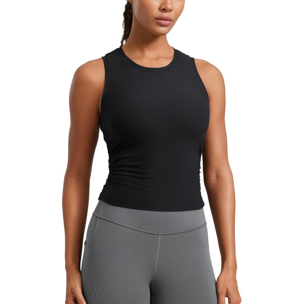 imageCRZ YOGA Cloudweight Womens Ruched Tank High Neck Workout Fitted Tops Basic Yoga Athletic Sleeveless ShirtsBlack