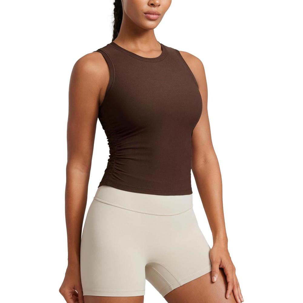 imageCRZ YOGA Cloudweight Womens Ruched Tank High Neck Workout Fitted Tops Basic Yoga Athletic Sleeveless ShirtsCoffee Brown