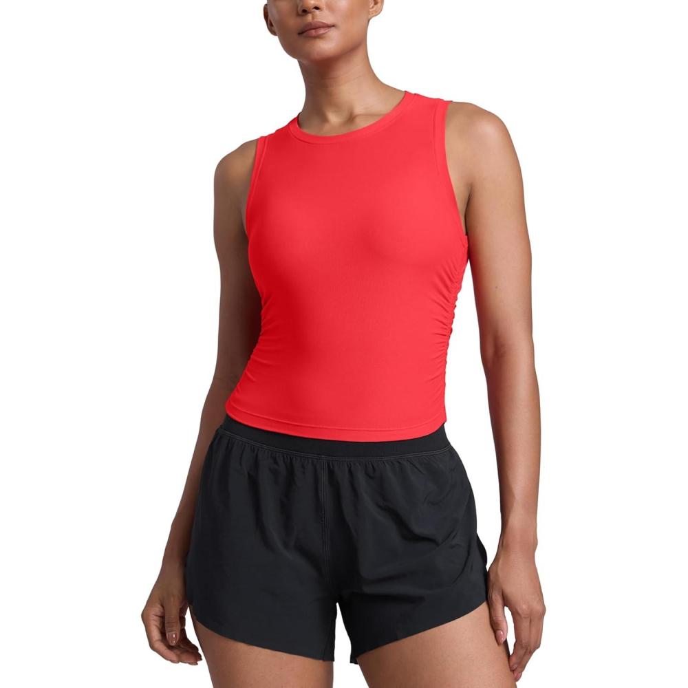 imageCRZ YOGA Cloudweight Womens Ruched Tank High Neck Workout Fitted Tops Basic Yoga Athletic Sleeveless ShirtsDeep Red