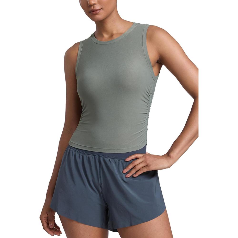 imageCRZ YOGA Cloudweight Womens Ruched Tank High Neck Workout Fitted Tops Basic Yoga Athletic Sleeveless ShirtsGrey Sage