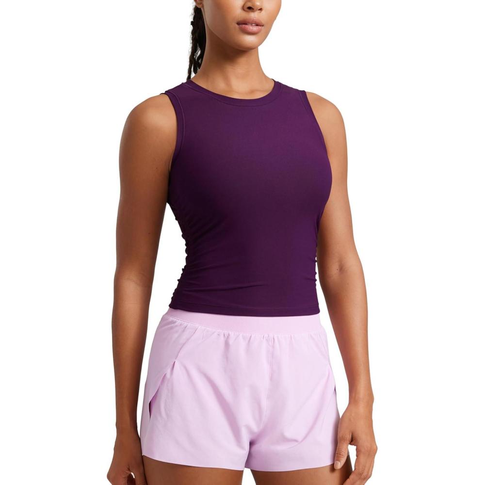 imageCRZ YOGA Cloudweight Womens Ruched Tank High Neck Workout Fitted Tops Basic Yoga Athletic Sleeveless ShirtsPlum Magenta