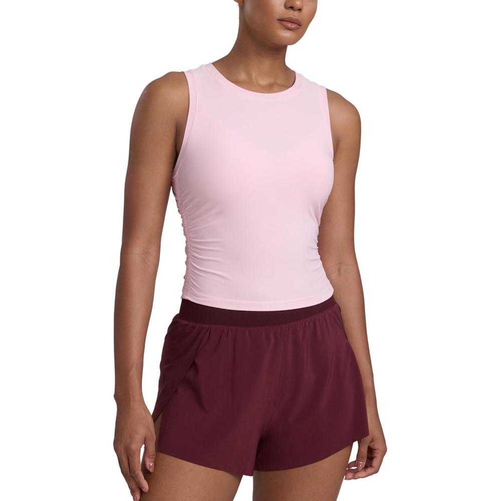 imageCRZ YOGA Cloudweight Womens Ruched Tank High Neck Workout Fitted Tops Basic Yoga Athletic Sleeveless ShirtsStrawberry Pink