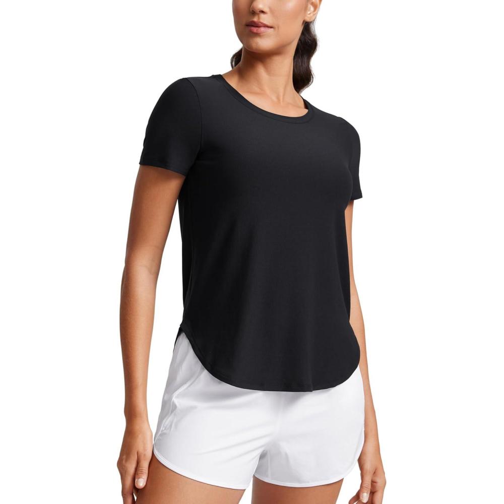 imageCRZ YOGA Cloudweight Workout Tops for Women Lightweight Athletic Short Sleeve Shirts Gym Running Side Slit TShirtsBlack