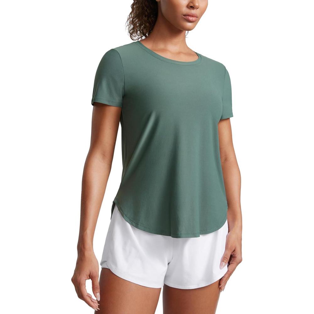 imageCRZ YOGA Cloudweight Workout Tops for Women Lightweight Athletic Short Sleeve Shirts Gym Running Side Slit TShirtsGraphite Green