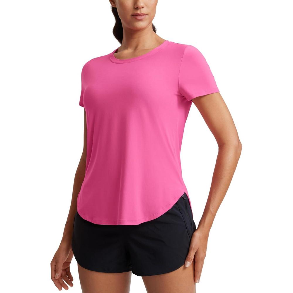 imageCRZ YOGA Cloudweight Workout Tops for Women Lightweight Athletic Short Sleeve Shirts Gym Running Side Slit TShirtsMagenta