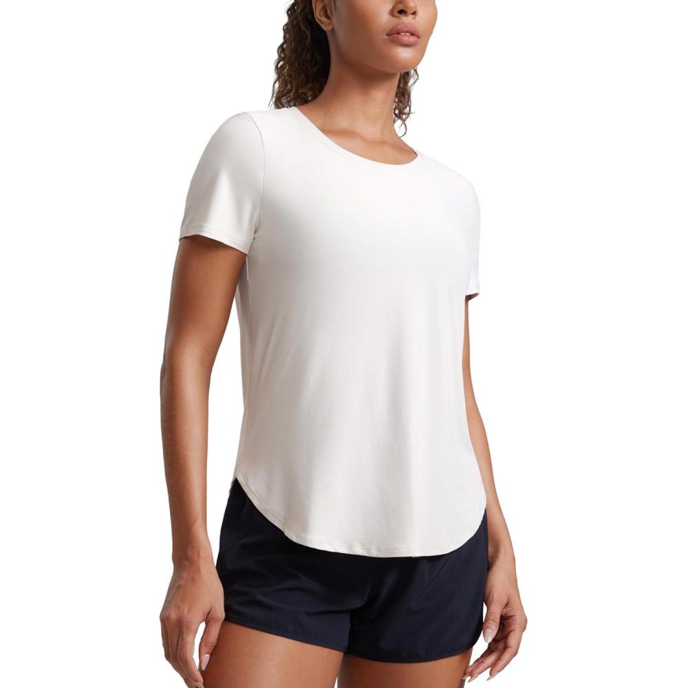 imageCRZ YOGA Cloudweight Workout Tops for Women Lightweight Athletic Short Sleeve Shirts Gym Running Side Slit TShirtsMilky White Bone