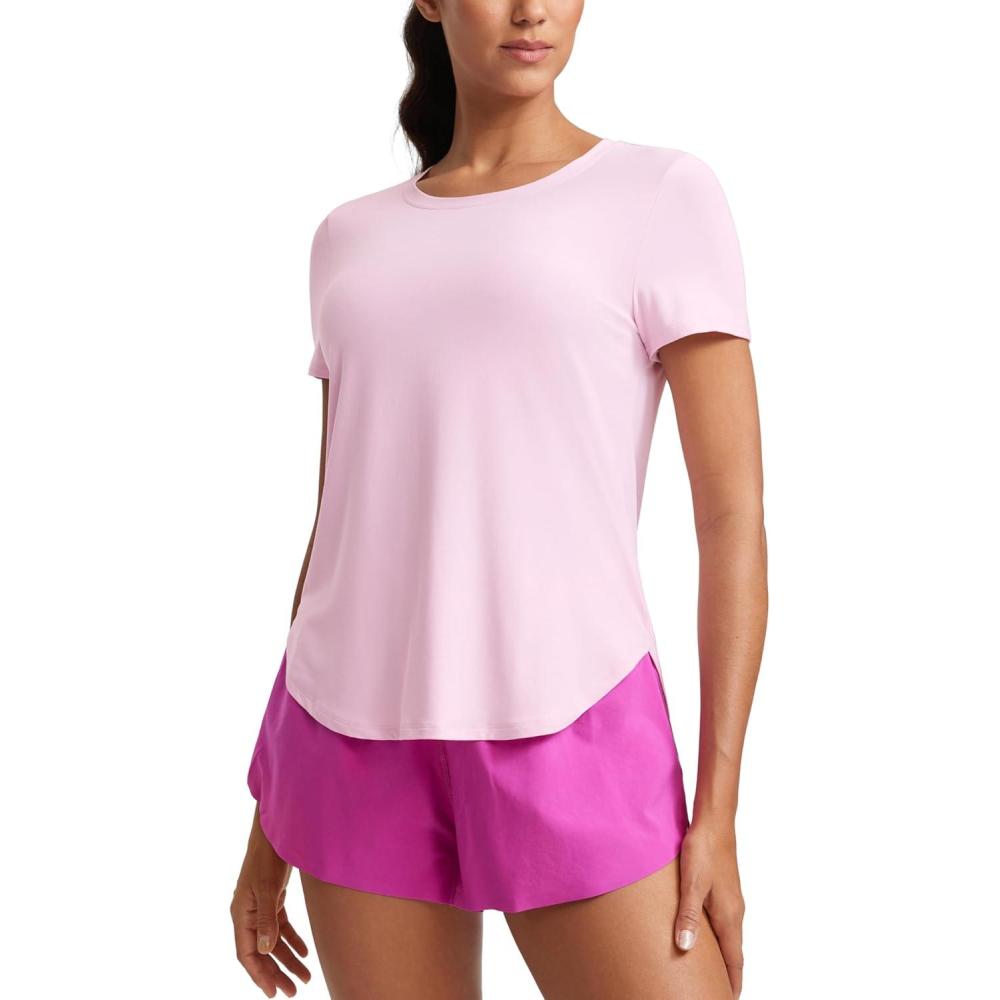 imageCRZ YOGA Cloudweight Workout Tops for Women Lightweight Athletic Short Sleeve Shirts Gym Running Side Slit TShirtsPink Peony