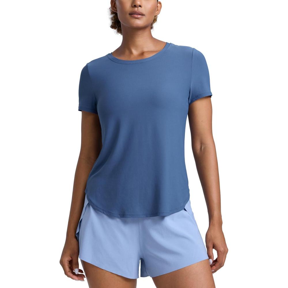 imageCRZ YOGA Cloudweight Workout Tops for Women Lightweight Athletic Short Sleeve Shirts Gym Running Side Slit TShirtsPitch Blue