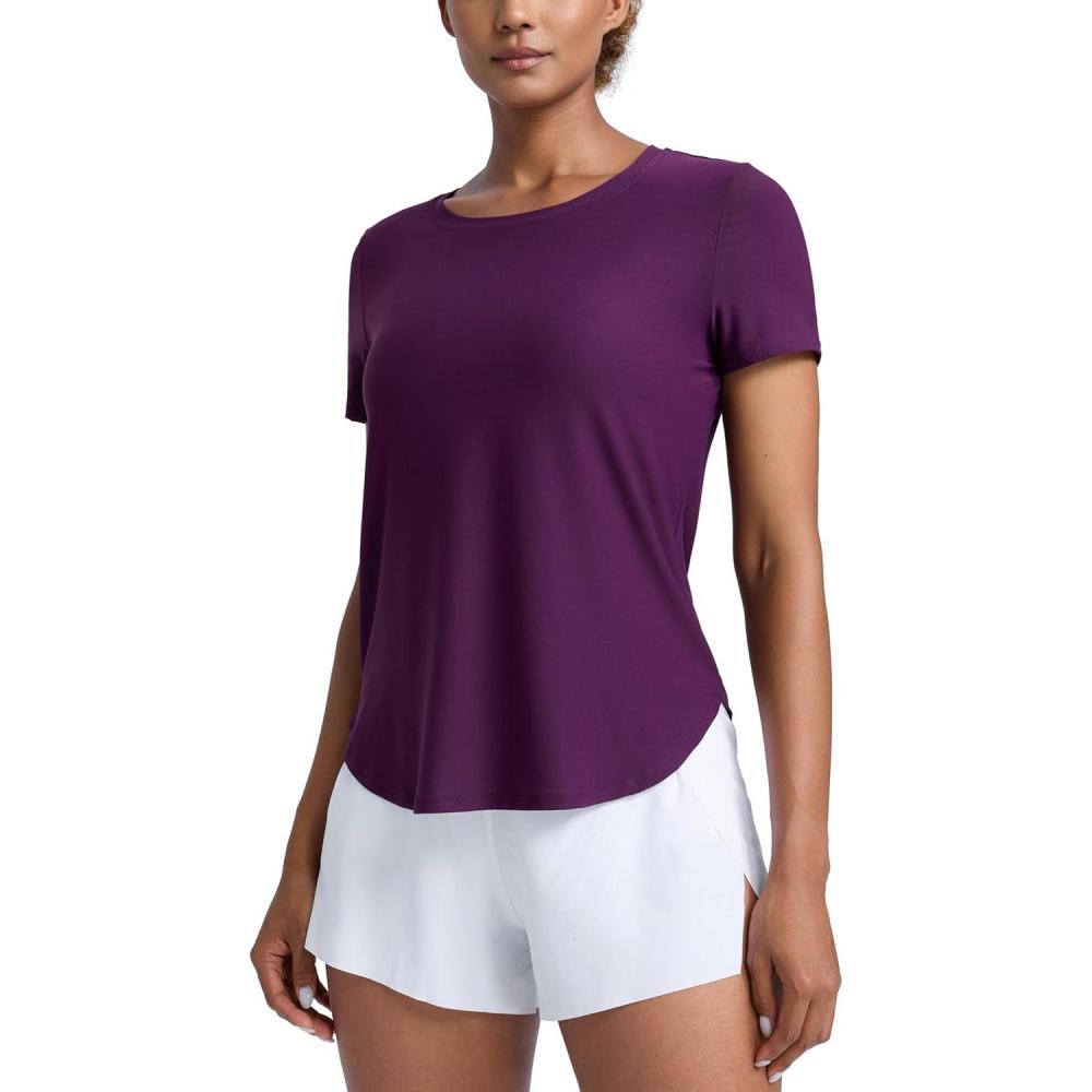 imageCRZ YOGA Cloudweight Workout Tops for Women Lightweight Athletic Short Sleeve Shirts Gym Running Side Slit TShirtsPlum Magenta