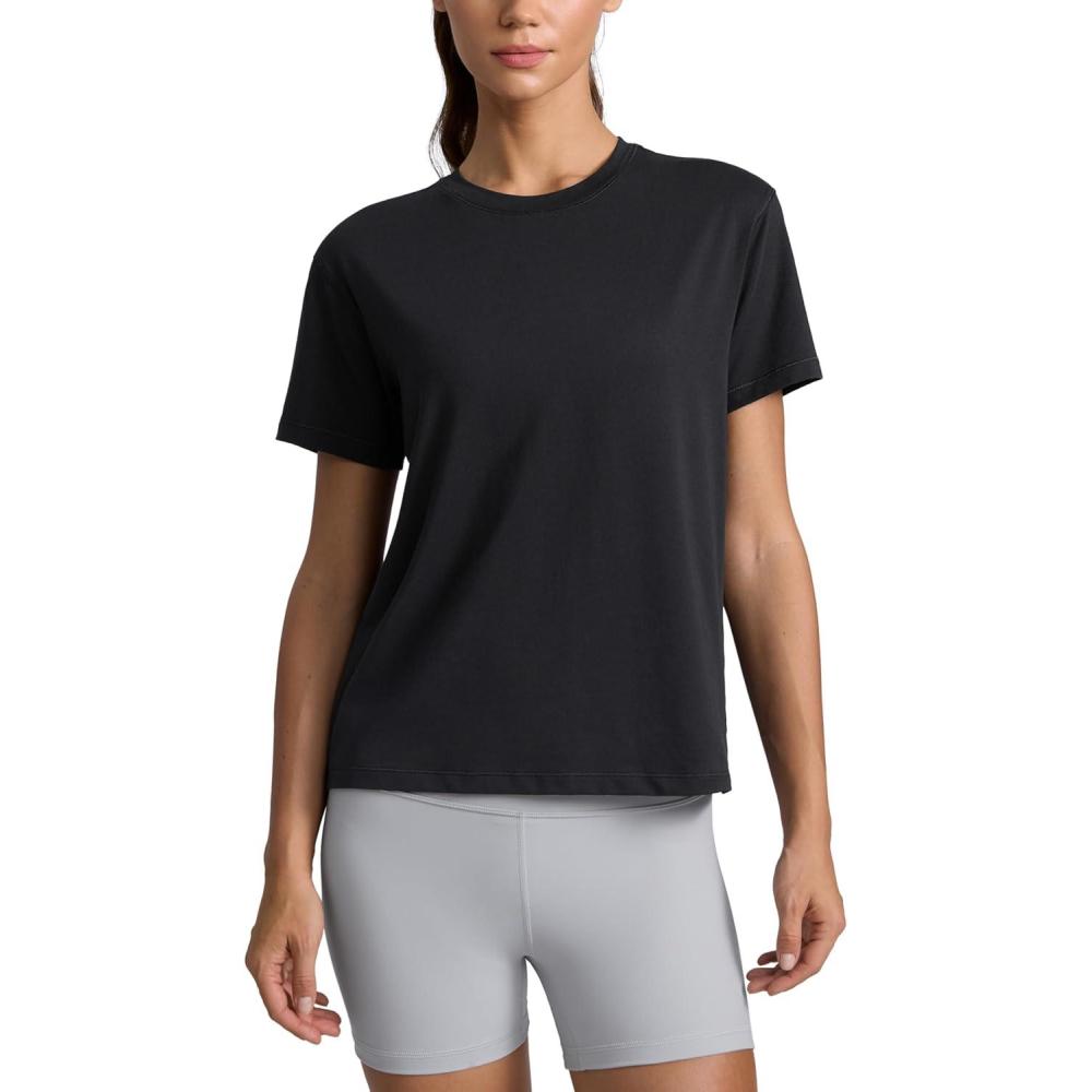 imageCRZ YOGA CottonBlend Crewneck Tops for Women Workout Gym Athletic Casual Short Sleeve Shirts Quick Dry Basic TShirtBlack