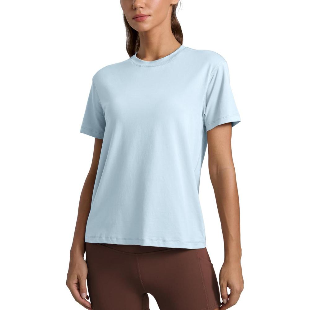 imageCRZ YOGA CottonBlend Crewneck Tops for Women Workout Gym Athletic Casual Short Sleeve Shirts Quick Dry Basic TShirtBlue Linen