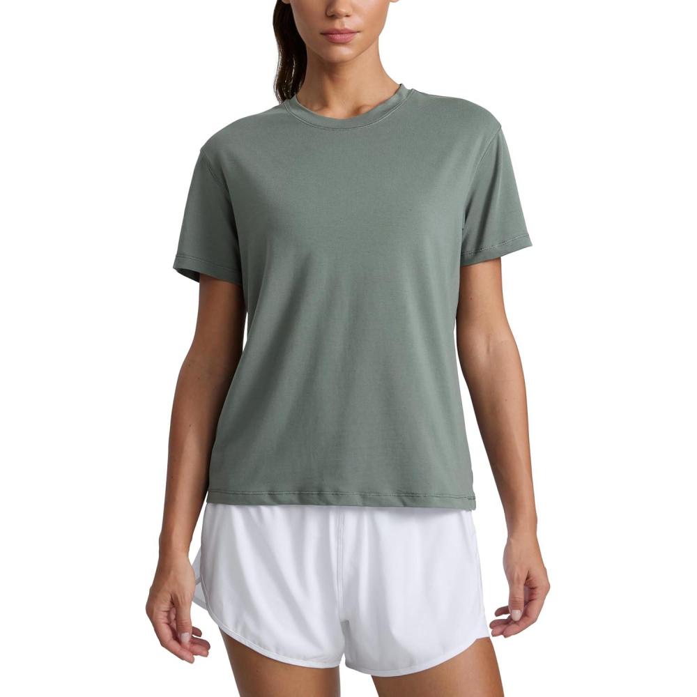 imageCRZ YOGA CottonBlend Crewneck Tops for Women Workout Gym Athletic Casual Short Sleeve Shirts Quick Dry Basic TShirtGrey Sage