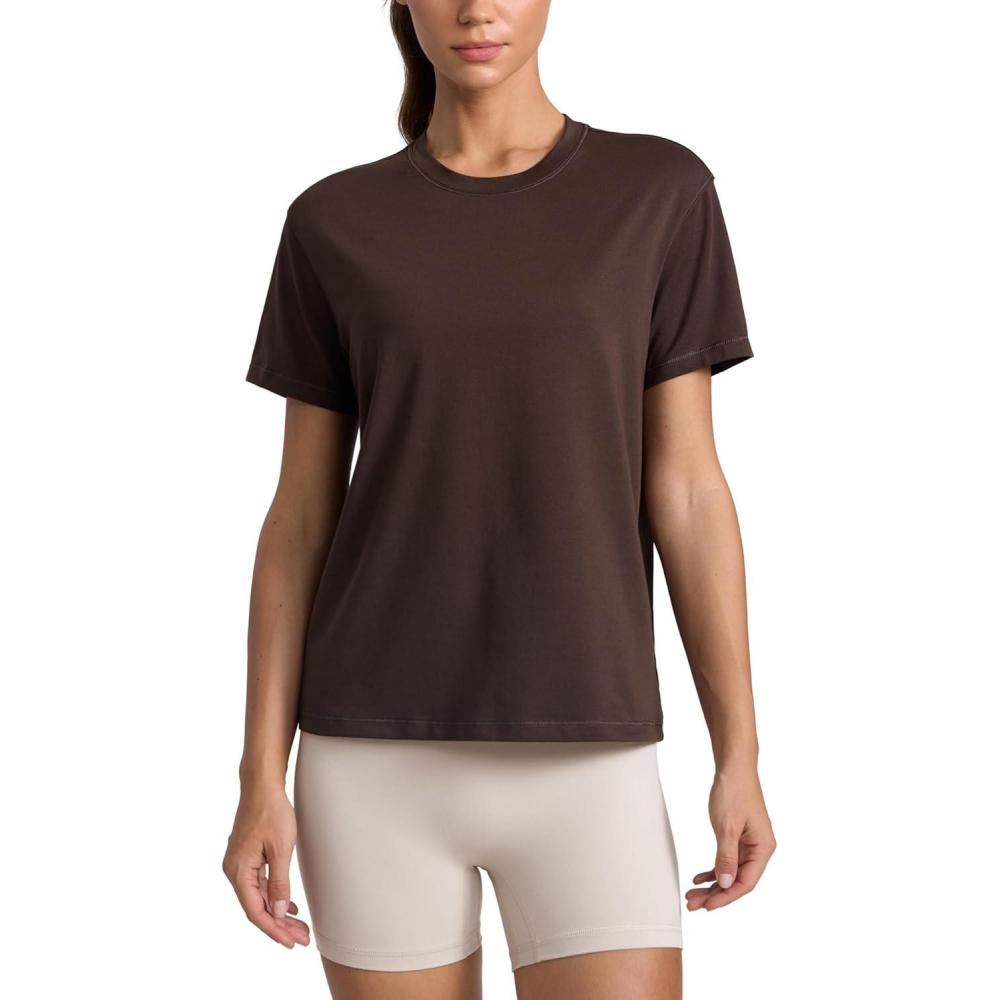 imageCRZ YOGA CottonBlend Crewneck Tops for Women Workout Gym Athletic Casual Short Sleeve Shirts Quick Dry Basic TShirtHot Fudge Brown