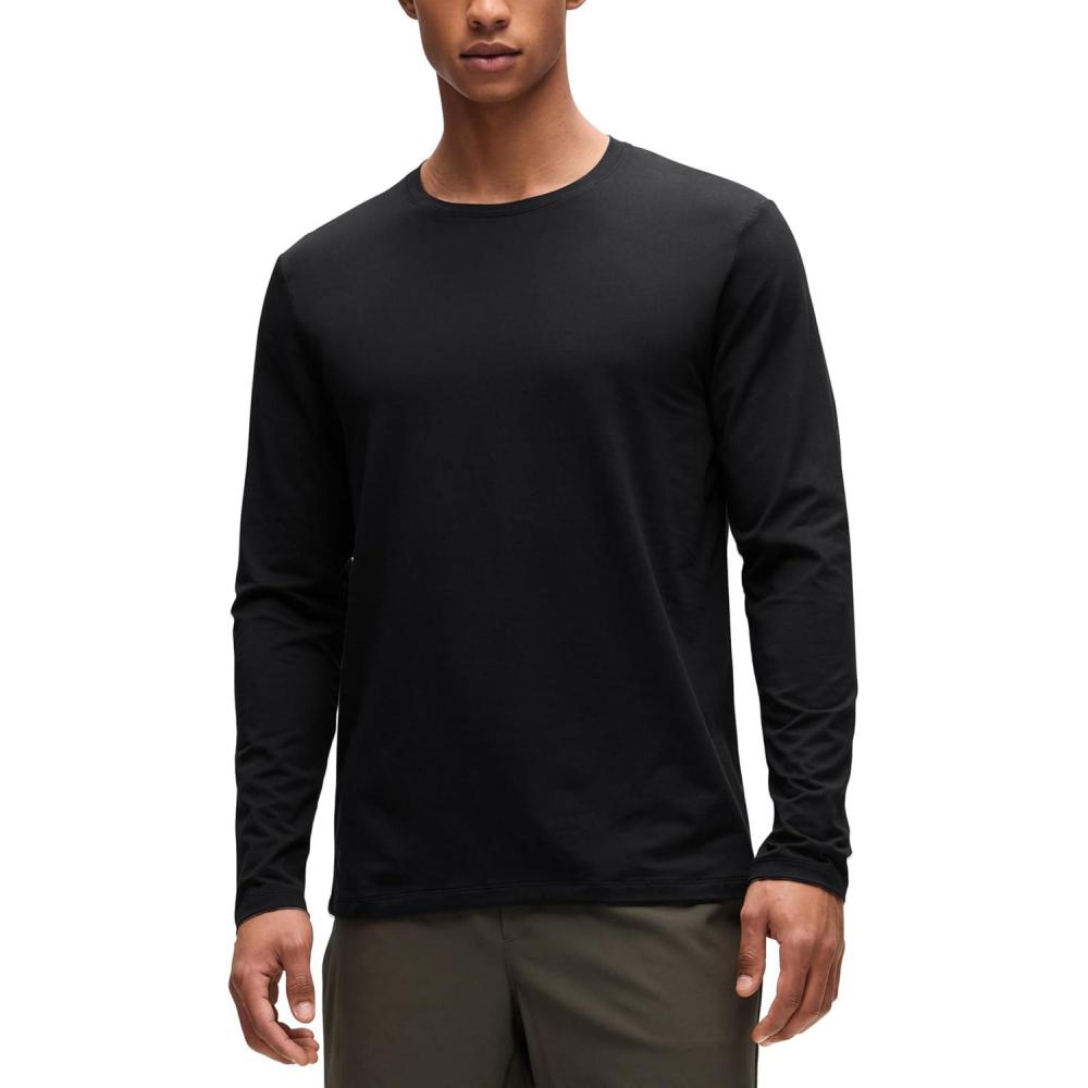 imageCRZ YOGA CottonBlend Long Sleeve Shirts for Men Moisture Wicking Soft Workout Athletic Casual Crewneck Basic TopsBlack