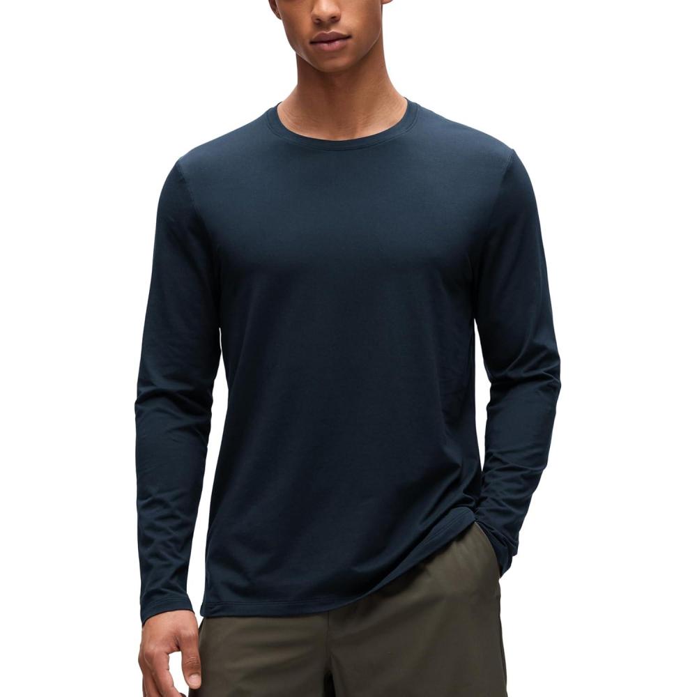 imageCRZ YOGA CottonBlend Long Sleeve Shirts for Men Moisture Wicking Soft Workout Athletic Casual Crewneck Basic TopsTrue Navy