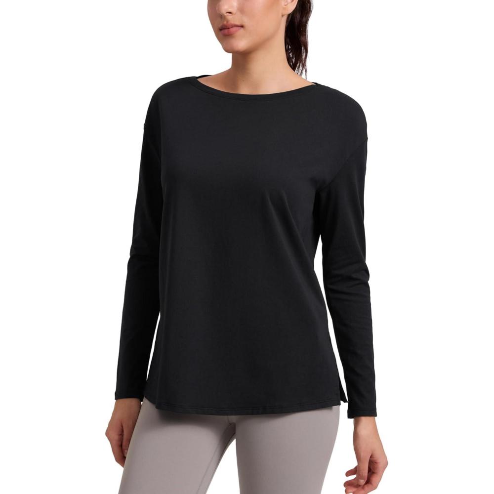 imageCRZ YOGA CottonBlend Long Sleeve Shirts for Women Boat Neck Workout Athletic Casual Going Out Tops Soft Fall TShirtBlack