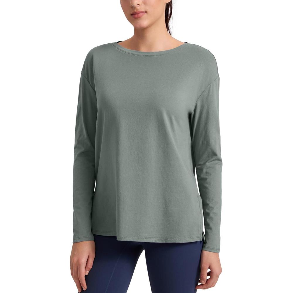 imageCRZ YOGA CottonBlend Long Sleeve Shirts for Women Boat Neck Workout Athletic Casual Going Out Tops Soft Fall TShirtGrey Sage