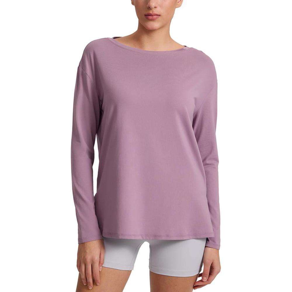 imageCRZ YOGA CottonBlend Long Sleeve Shirts for Women Boat Neck Workout Athletic Casual Going Out Tops Soft Fall TShirtLight Lavender