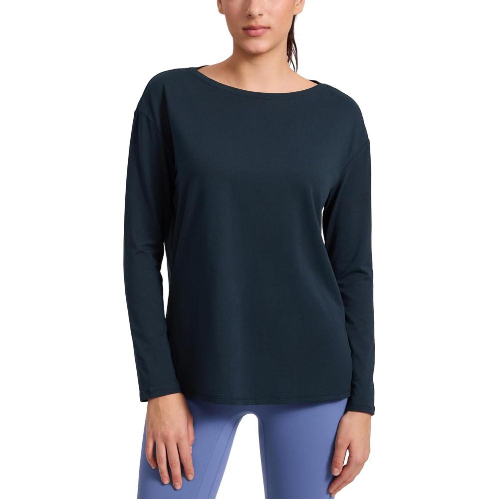 imageCRZ YOGA CottonBlend Long Sleeve Shirts for Women Boat Neck Workout Athletic Casual Going Out Tops Soft Fall TShirtTrue Navy
