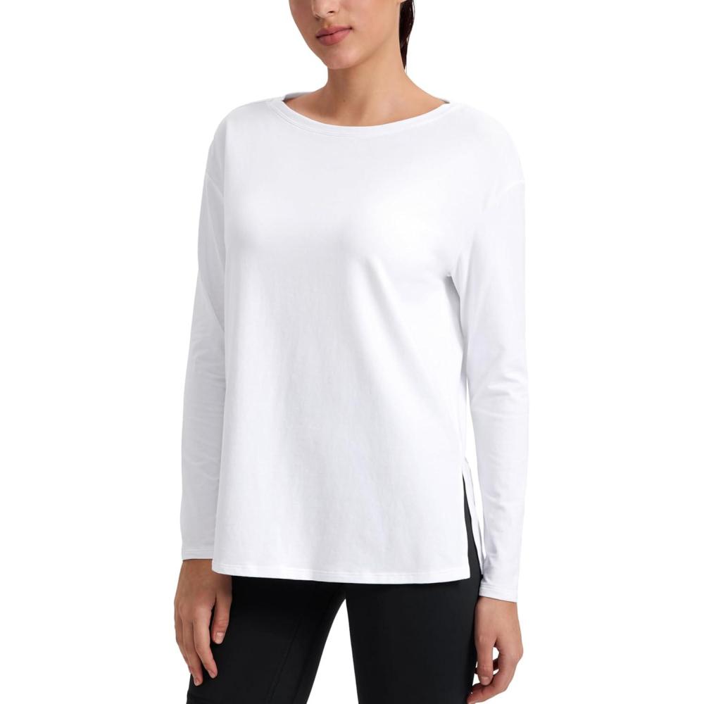 imageCRZ YOGA CottonBlend Long Sleeve Shirts for Women Boat Neck Workout Athletic Casual Going Out Tops Soft Fall TShirtWhite