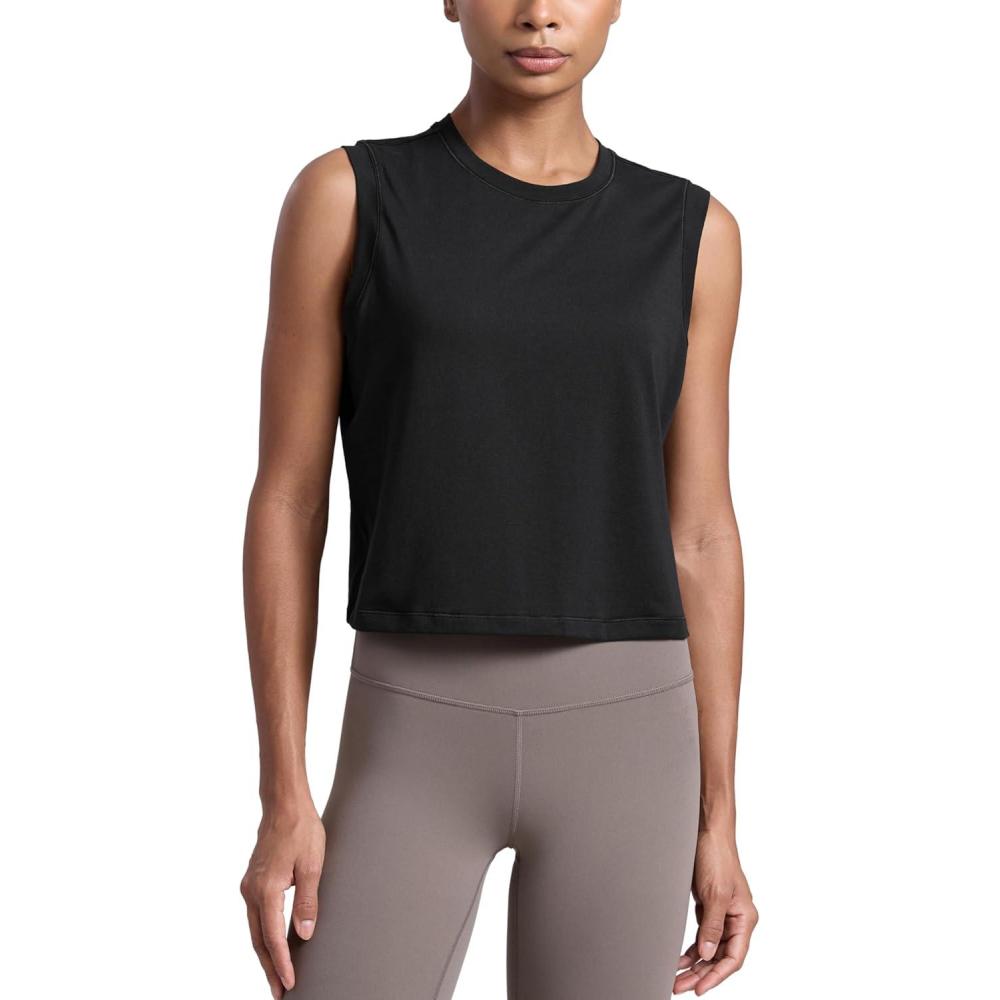 imageCRZ YOGA CottonBlend Workout Muscle Tank for Women Breathable Quick Dry High Neck Athletic Tops Casual Sleeveless ShirtsBlack