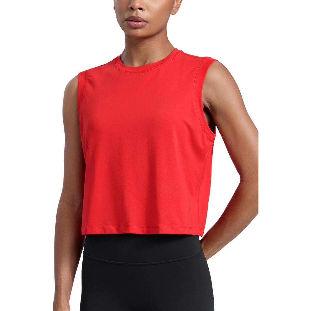 imageCRZ YOGA CottonBlend Workout Muscle Tank for Women Breathable Quick Dry High Neck Athletic Tops Casual Sleeveless ShirtsDeep Red
