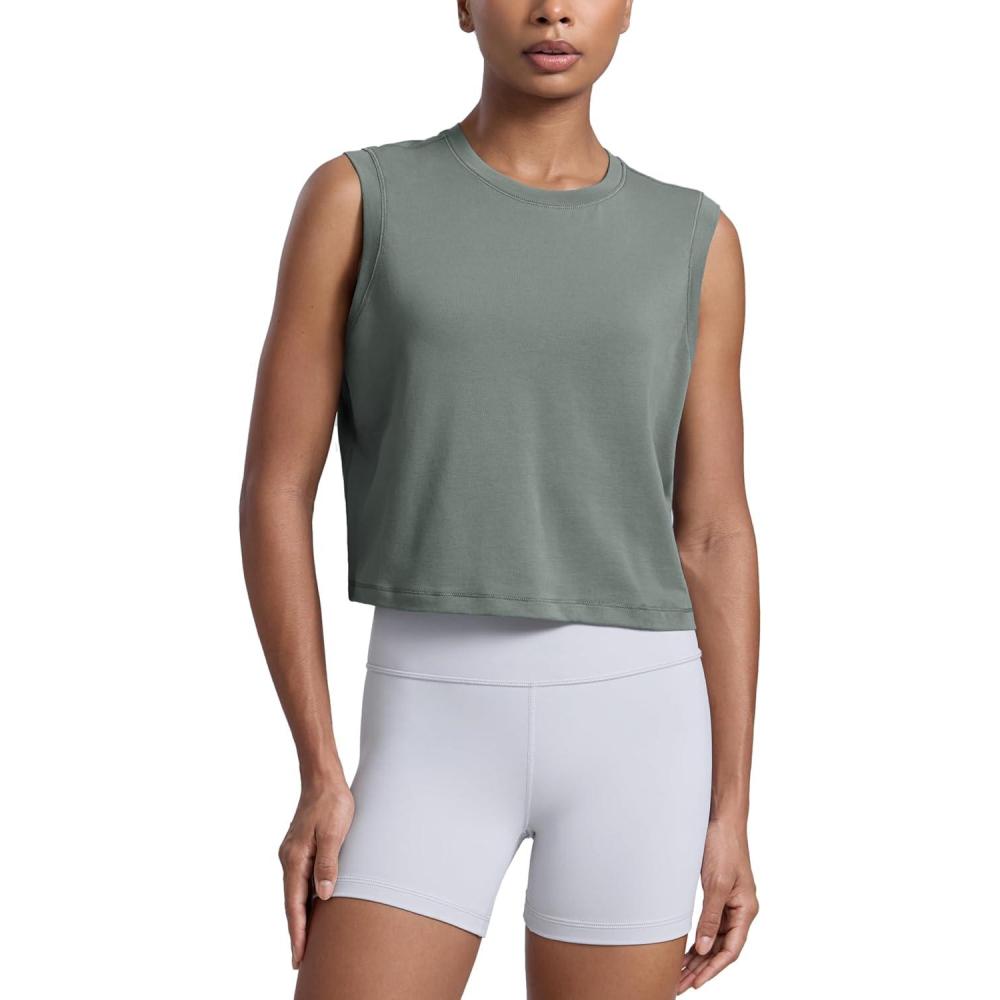 imageCRZ YOGA CottonBlend Workout Muscle Tank for Women Breathable Quick Dry High Neck Athletic Tops Casual Sleeveless ShirtsGrey Sage