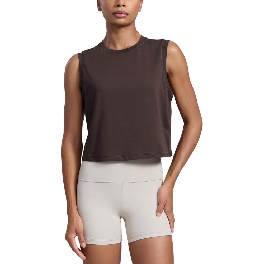 imageCRZ YOGA CottonBlend Workout Muscle Tank for Women Breathable Quick Dry High Neck Athletic Tops Casual Sleeveless ShirtsHot Fudge Brown