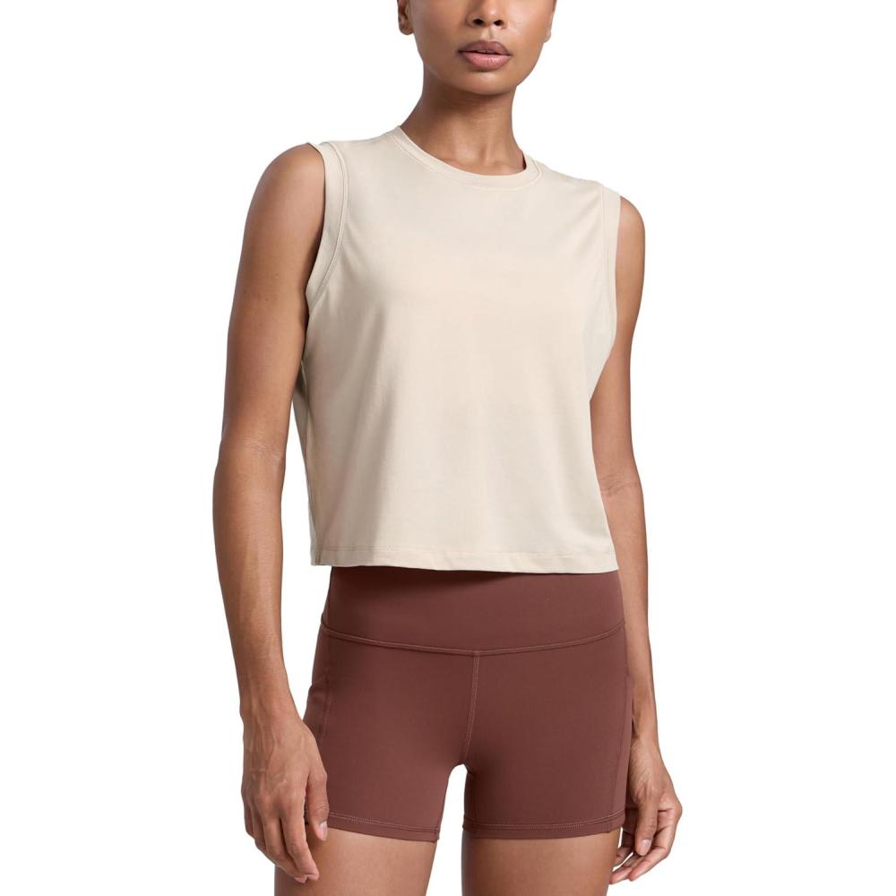imageCRZ YOGA CottonBlend Workout Muscle Tank for Women Breathable Quick Dry High Neck Athletic Tops Casual Sleeveless ShirtsMojave Tan