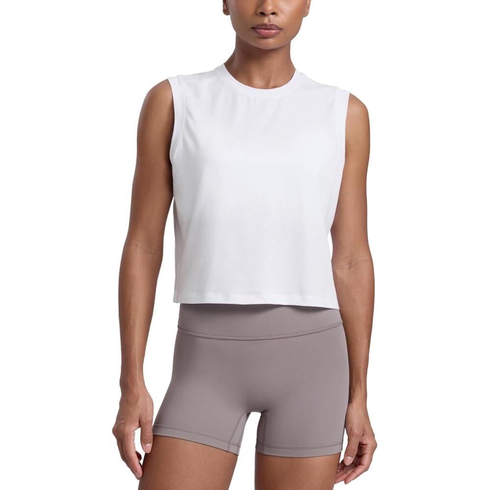 imageCRZ YOGA CottonBlend Workout Muscle Tank for Women Breathable Quick Dry High Neck Athletic Tops Casual Sleeveless ShirtsWhite
