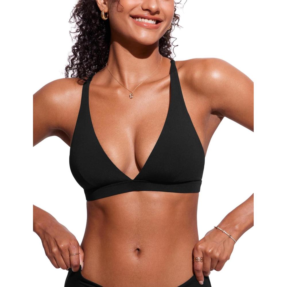 imageCRZ YOGA Deep V Neck Bikini Tops for Women Padded Criss Cross Back Triangle Sexy Swim Bathing Suit BraBlack