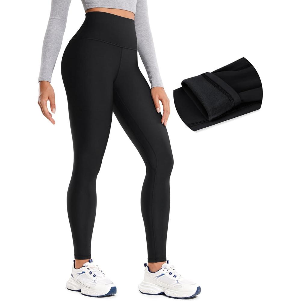 imageCRZ YOGA Fleece Lined Leggings 28 Thermal Casual Lounge Workout Yoga Womens Full Length Pants Winter WarmBlack