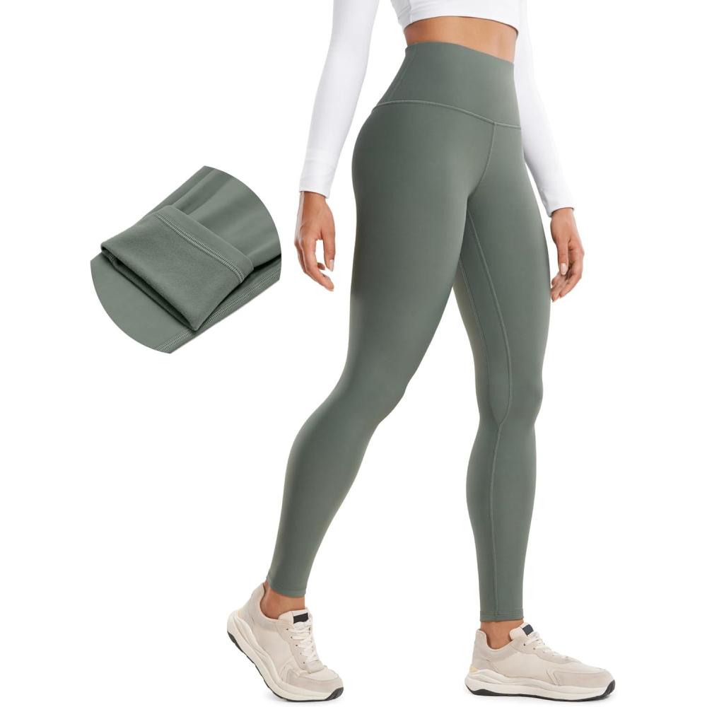 imageCRZ YOGA Fleece Lined Leggings 28 Thermal Casual Lounge Workout Yoga Womens Full Length Pants Winter WarmGrey Sage