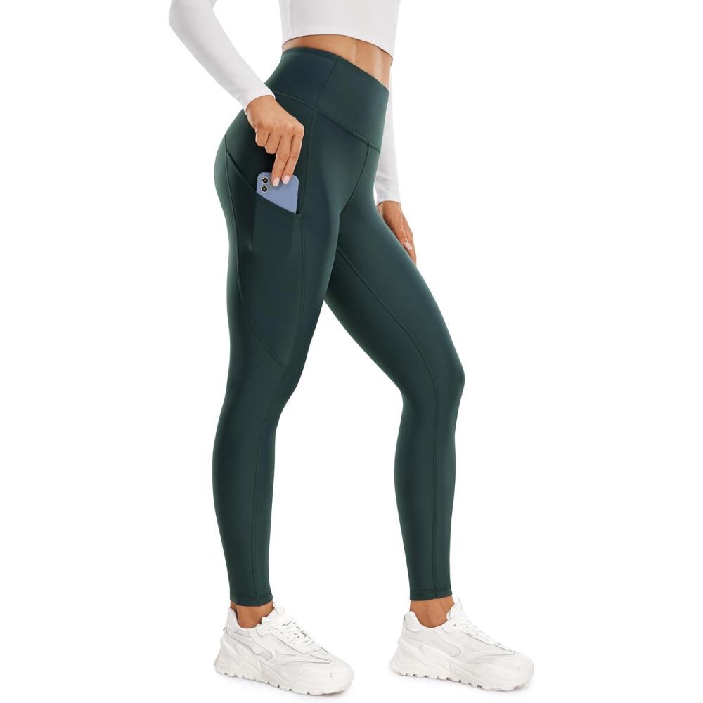 imageCRZ YOGA Fleece Lined Leggings Pockets 28  Thermal Casual Lounge Workout Womens Yoga Full Length Pants Winter WarmForest Dark Green