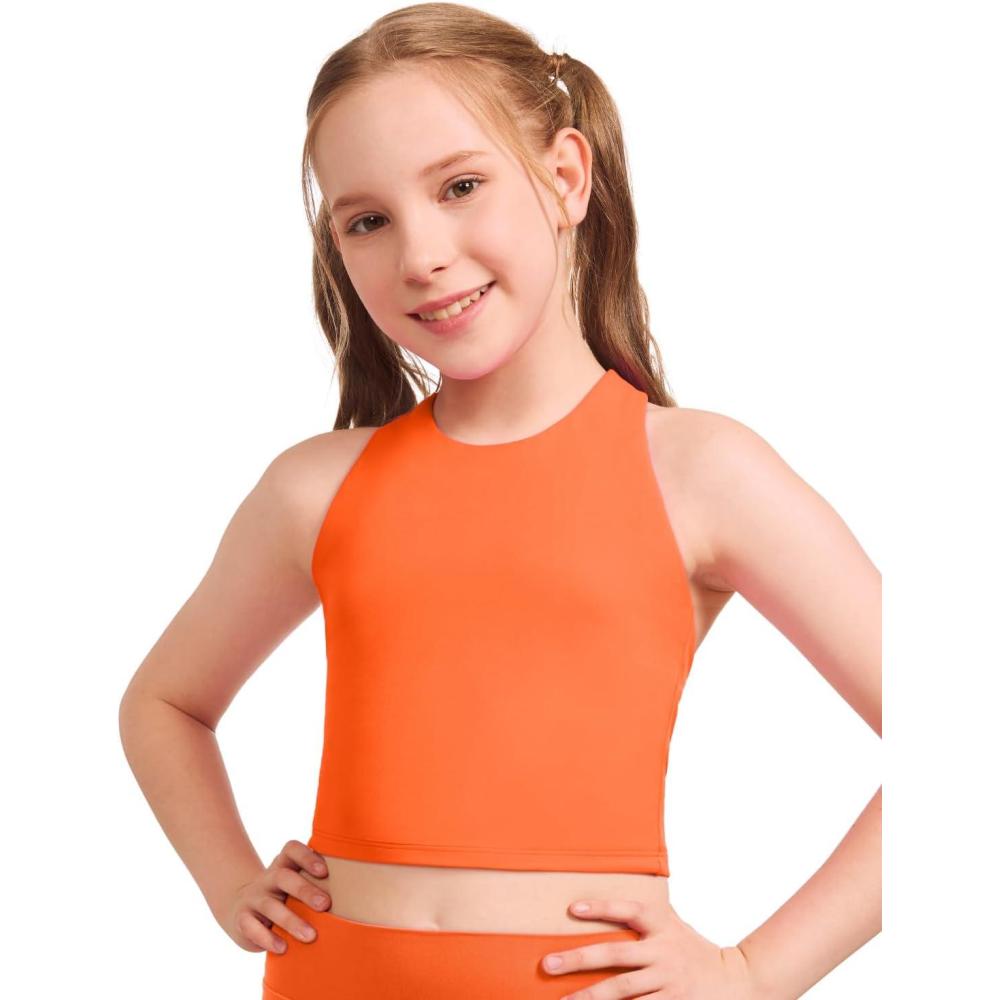 imageCRZ YOGA Girls Butterluxe Double Lined Crop High Neck Tank Tops Dance Yoga Athletic Casual Racerback Tight Kids TeenNeon Orange