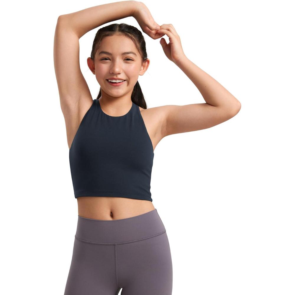 imageCRZ YOGA Girls Butterluxe Double Lined Crop High Neck Tank Tops Dance Yoga Athletic Casual Racerback Tight Kids TeenTrue Navy