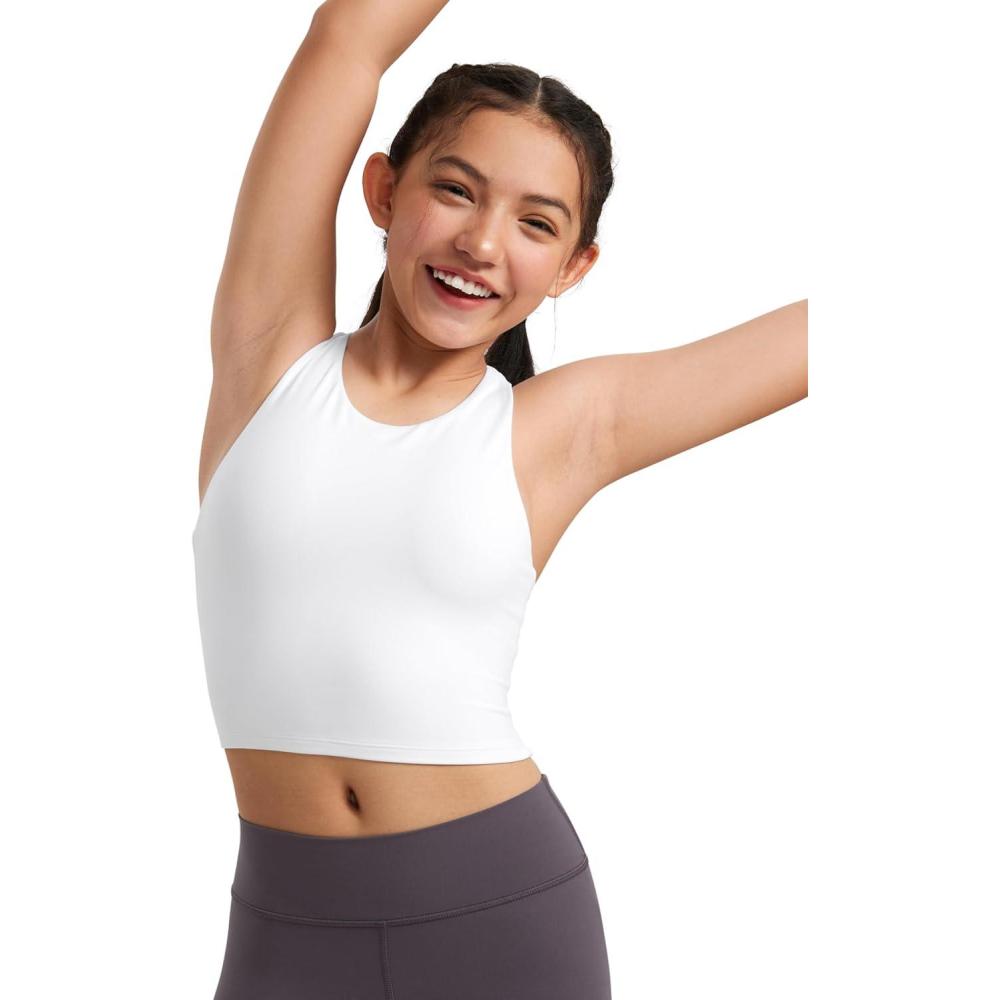 imageCRZ YOGA Girls Butterluxe Double Lined Crop High Neck Tank Tops Dance Yoga Athletic Casual Racerback Tight Kids TeenWhite
