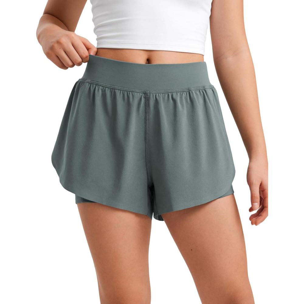 imageCRZ YOGA Girls FeatheryFit Soft 2 in 1 Dolphin Athletic Shorts Tennis Soccer Running Casual Liner Pockets Kids TeenGrey Sage